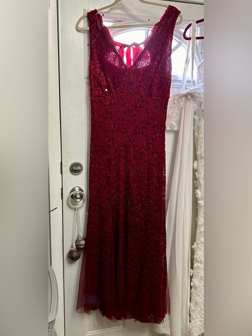 Sleeveless Burgundy Lace with V-Neck and Bow Detail
